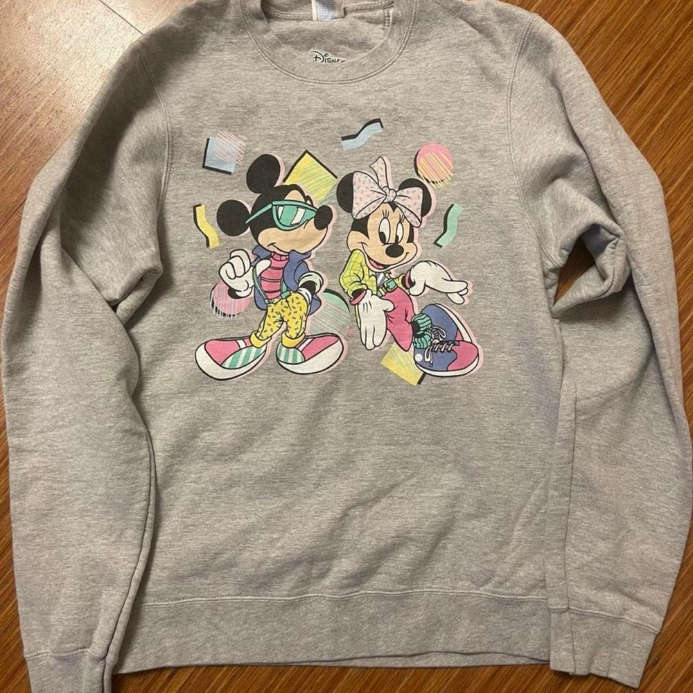 Disney Gray and Pink Crew Neck Sweater with Mickey and Minnie